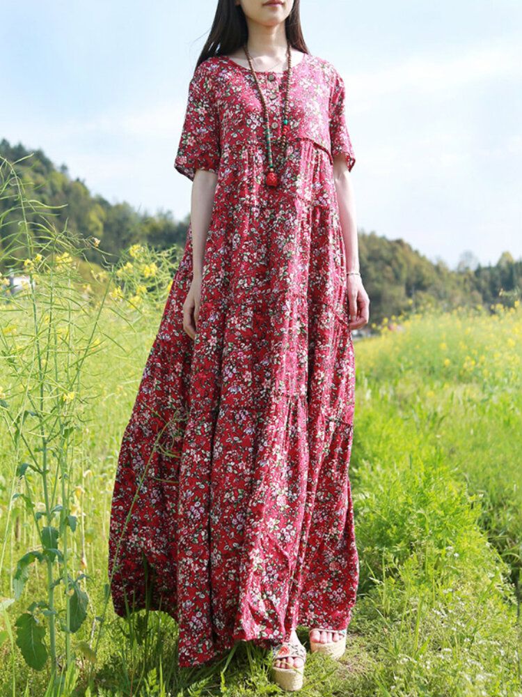 Robes Longues À Manches Courtes Et Imprimé Floral Vintage Pour Femmes