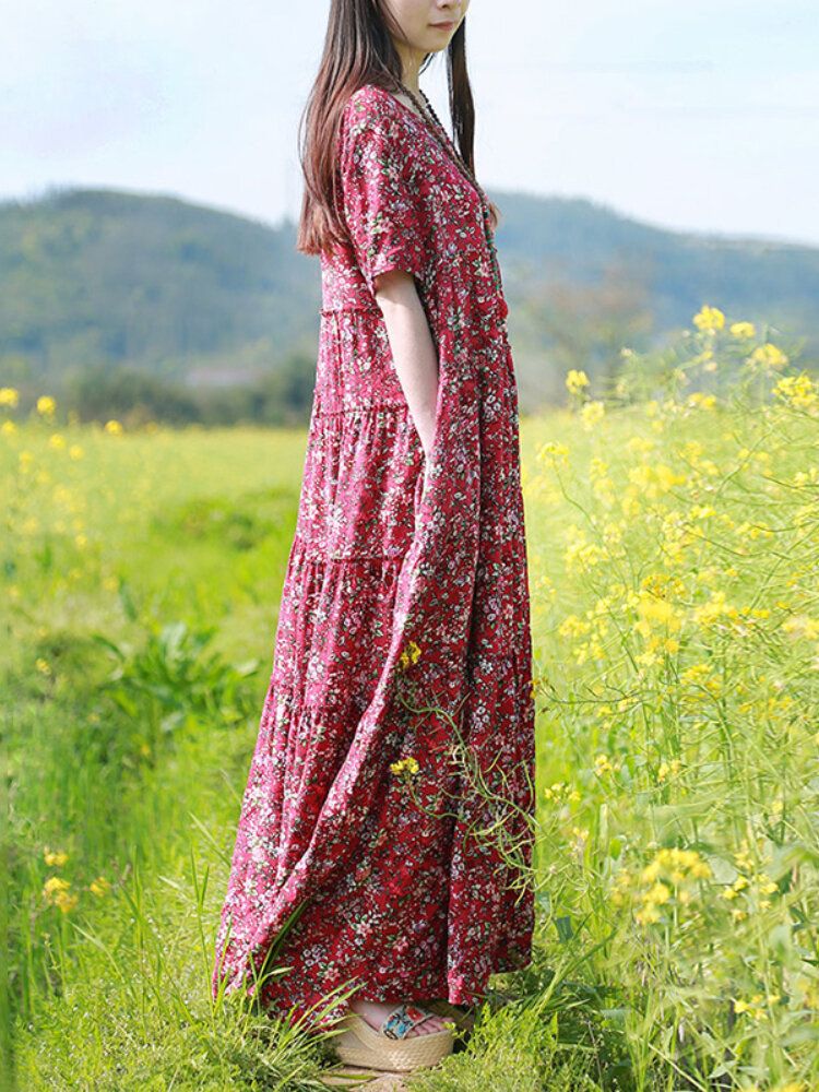 Robes Longues À Manches Courtes Et Imprimé Floral Vintage Pour Femmes