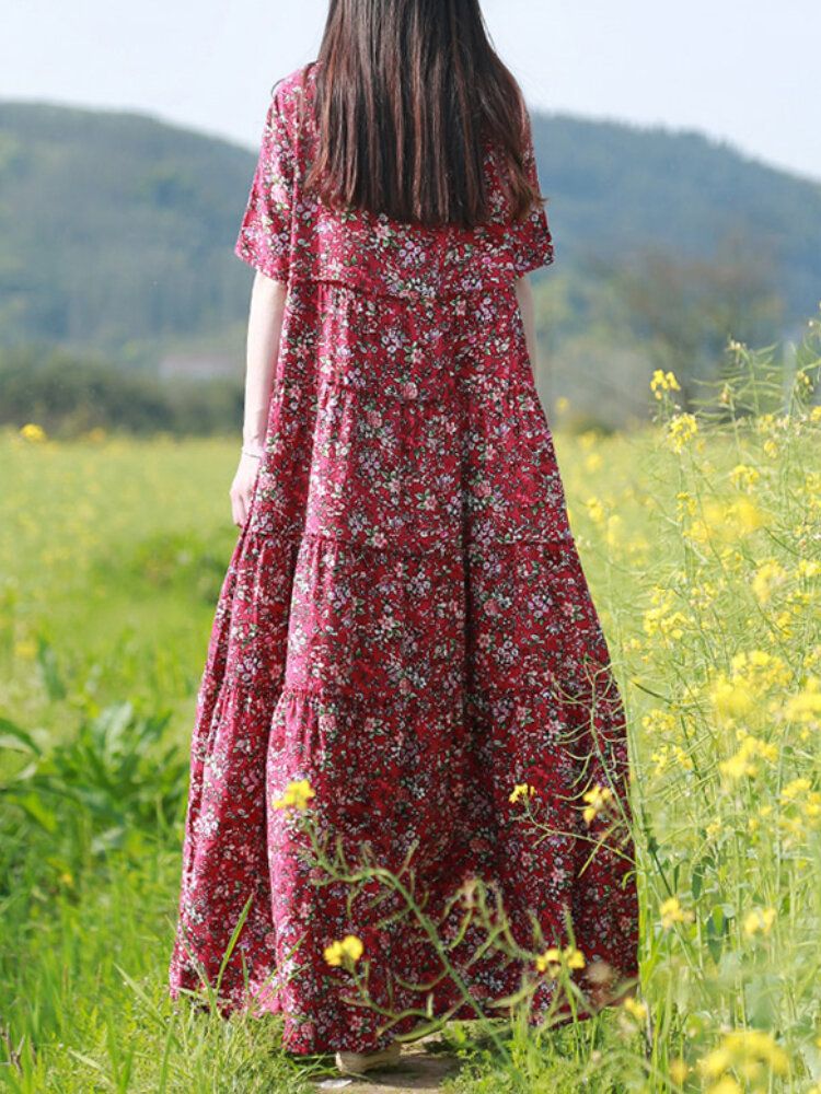 Robes Longues À Manches Courtes Et Imprimé Floral Vintage Pour Femmes