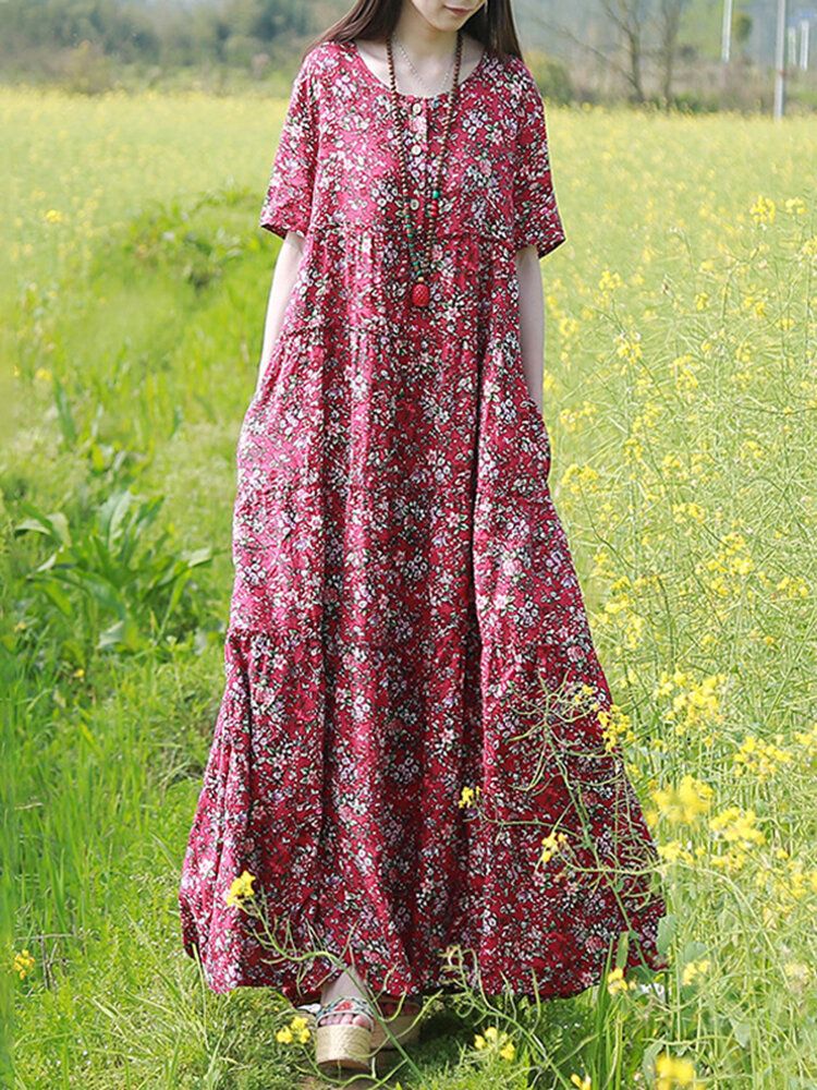 Robes Longues À Manches Courtes Et Imprimé Floral Vintage Pour Femmes