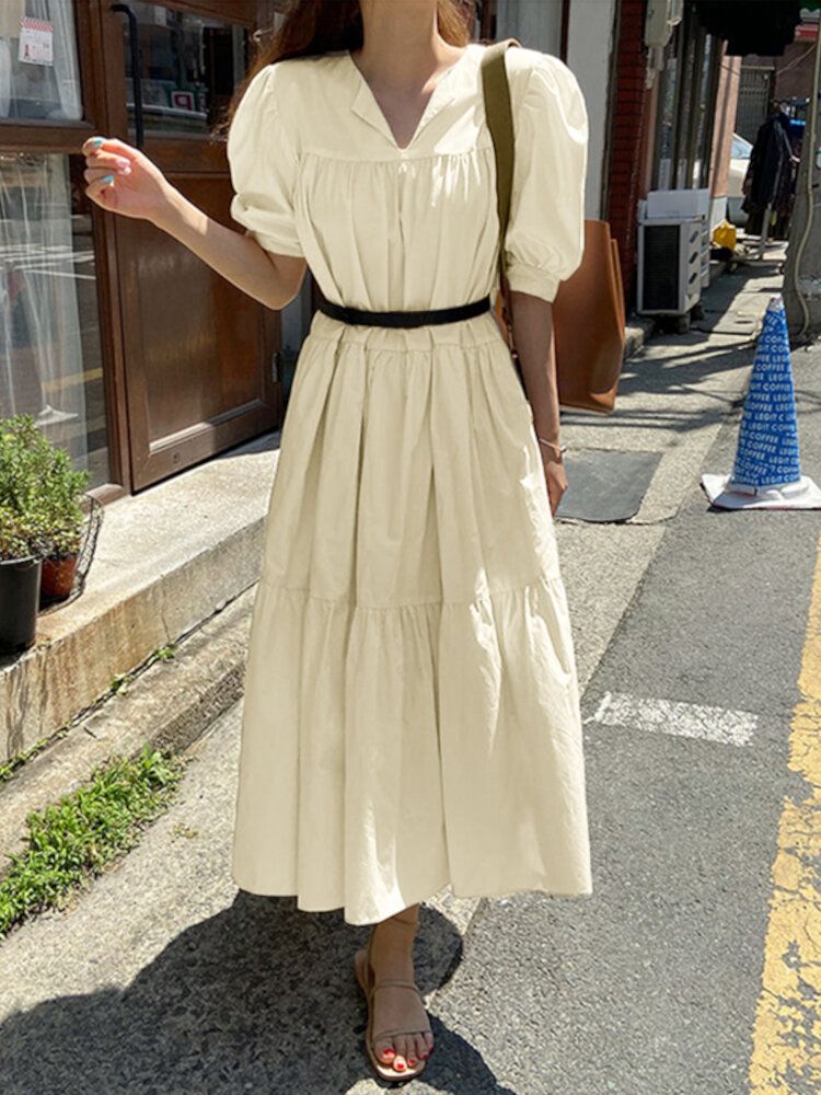 Robes Maxi Décontractées Plissées À Col En V Et Demi-manches Bouffantes De Couleur Unie Pour Femmes