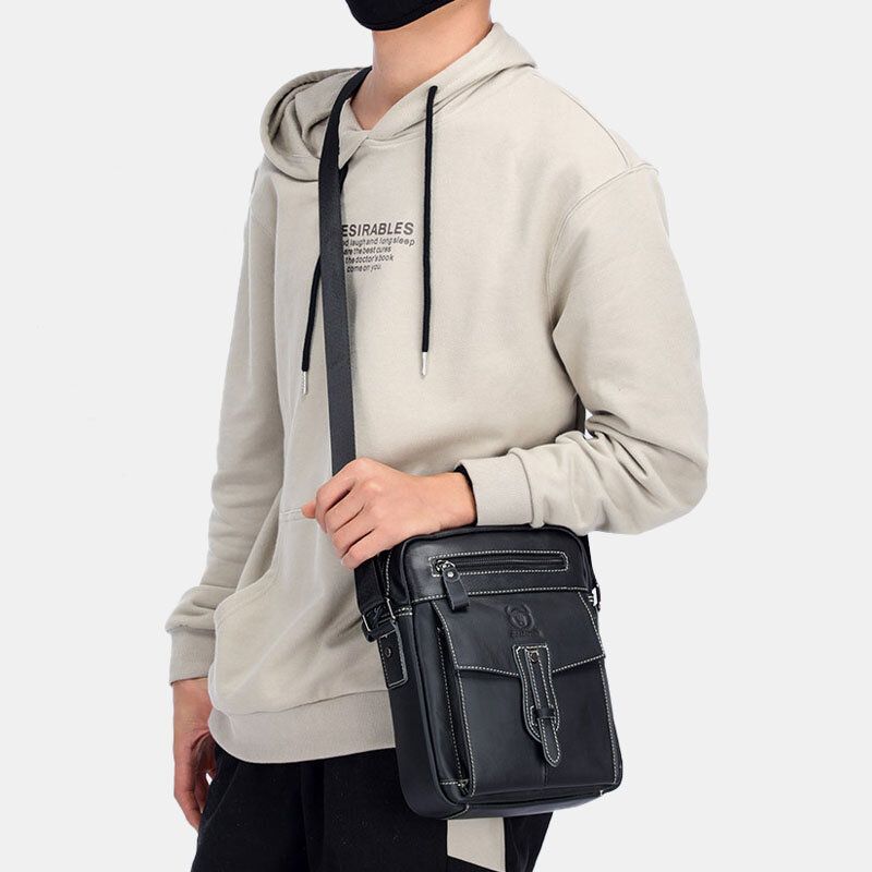 Sac À Bandoulière Antivol Multi-poches En Cuir Véritable Pour Homme