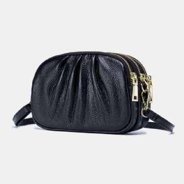 Sac À Bandoulière En Cuir Véritable Pour Femme Avec 3 Poches Zippées