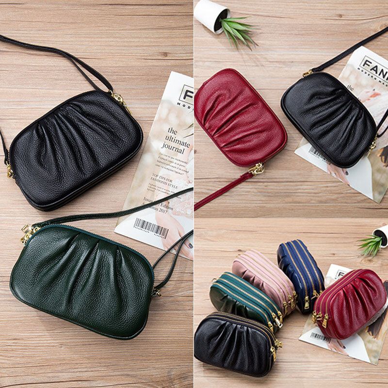 Sac À Bandoulière En Cuir Véritable Pour Femme Avec 3 Poches Zippées