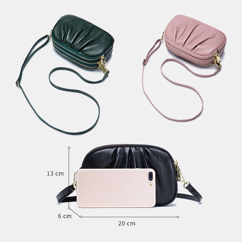 Sac À Bandoulière En Cuir Véritable Pour Femme Avec 3 Poches Zippées