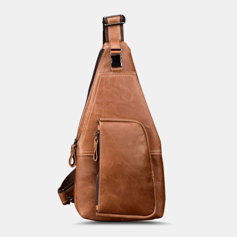 Sac De Poitrine Antivol Multi-poches En Cuir Véritable Pour Hommes Rétro Porter Sac À Bandoulière Étanche