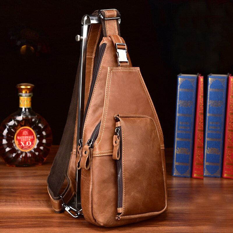 Sac De Poitrine Antivol Multi-poches En Cuir Véritable Pour Hommes Rétro Porter Sac À Bandoulière Étanche