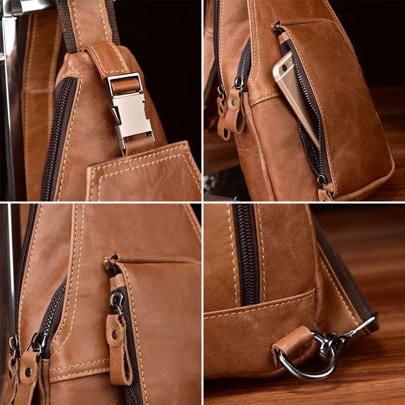 Sac De Poitrine Antivol Multi-poches En Cuir Véritable Pour Hommes Rétro Porter Sac À Bandoulière Étanche