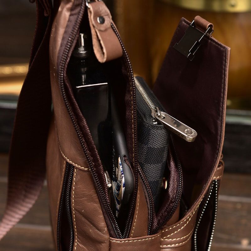 Sac De Poitrine Antivol Multi-poches En Cuir Véritable Pour Hommes Rétro Porter Sac À Bandoulière Étanche