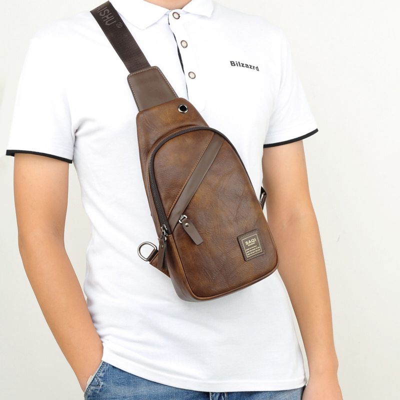 Sac De Poitrine Vintage En Cuir Artificiel Pour Hommes Sac À Bandoulière Multi-compartiments Grande Capacité Résistant À L'usure