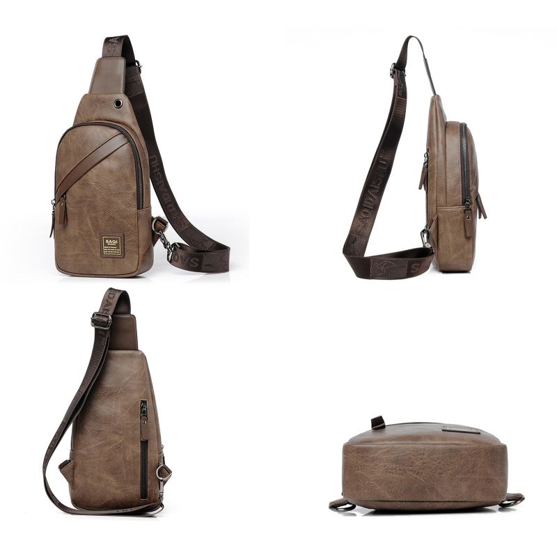 Sac De Poitrine Vintage En Cuir Artificiel Pour Hommes Sac À Bandoulière Multi-compartiments Grande Capacité Résistant À L'usure