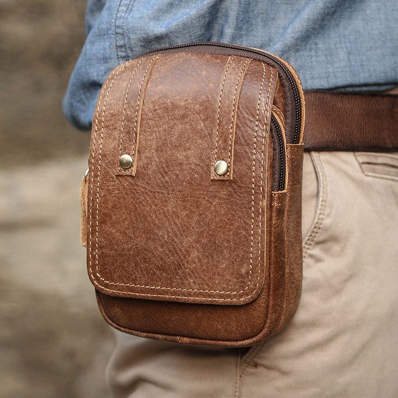 Sac De Taille En Cuir De Vachette Mat Pour Hommes Multifonctionnel Grande Capacité Sac De Téléphone Vintage De 6.3 Pouces