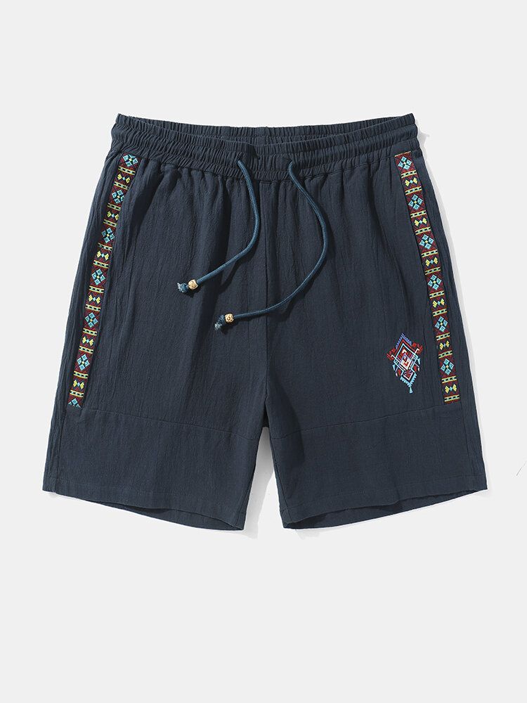 Short À Cordon De Serrage Ample En Coton Brodé À Motif Géométrique Ethnique Pour Homme