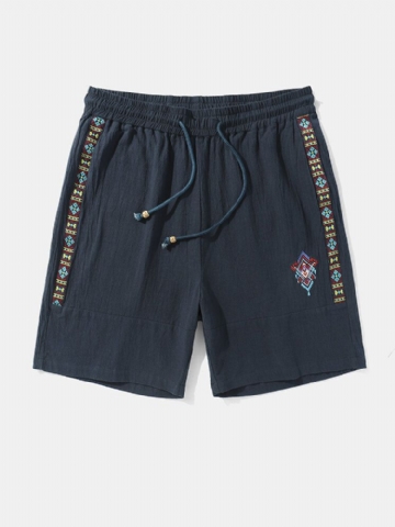 Short À Cordon De Serrage Ample En Coton Brodé À Motif Géométrique Ethnique Pour Homme