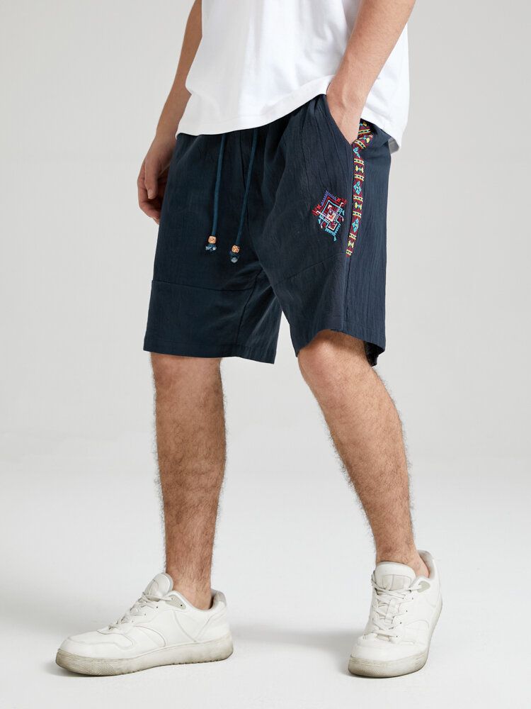 Short À Cordon De Serrage Ample En Coton Brodé À Motif Géométrique Ethnique Pour Homme