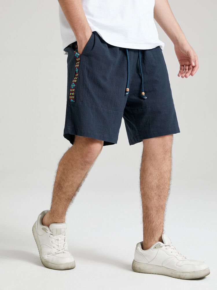 Short À Cordon De Serrage Ample En Coton Brodé À Motif Géométrique Ethnique Pour Homme