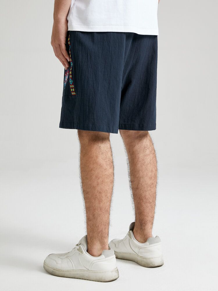 Short À Cordon De Serrage Ample En Coton Brodé À Motif Géométrique Ethnique Pour Homme