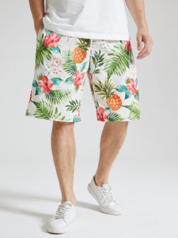 Short À Cordon De Serrage Pour Homme Avec Imprimé Floral Et Ananas Sur L'ensemble