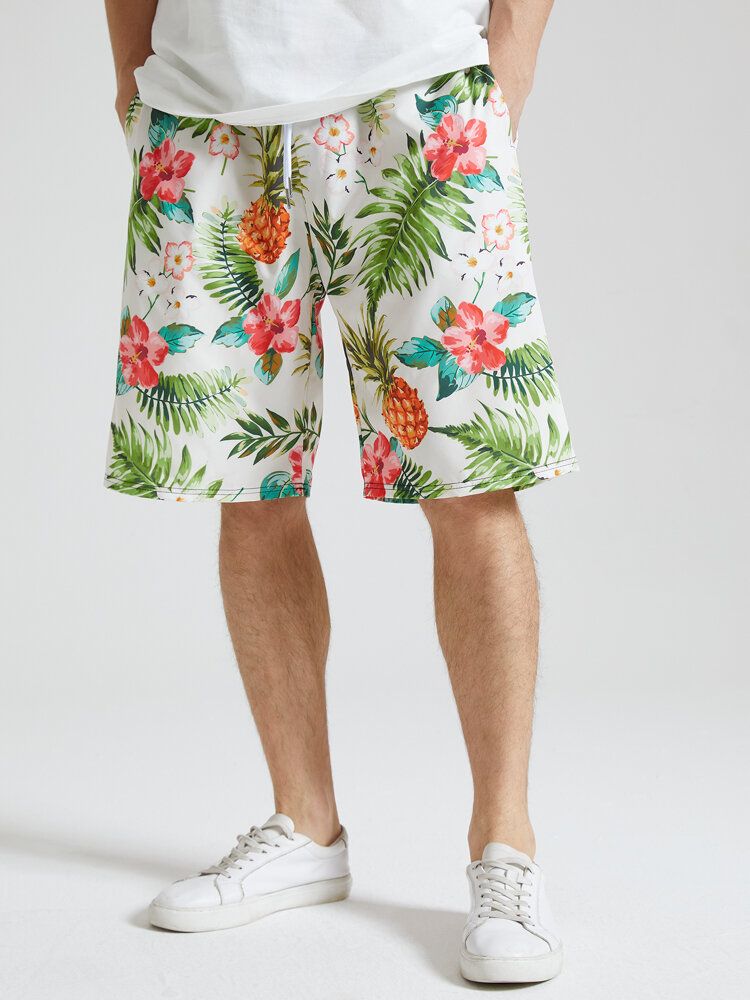 Short À Cordon De Serrage Pour Homme Avec Imprimé Floral Et Ananas Sur L'ensemble