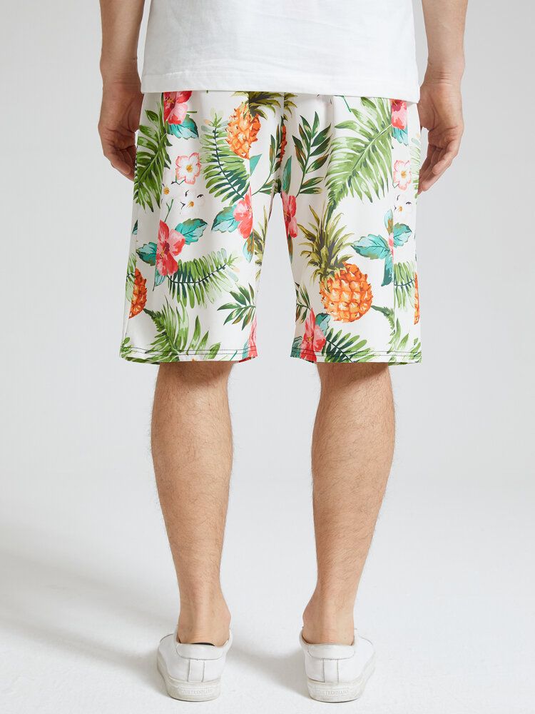 Short À Cordon De Serrage Pour Homme Avec Imprimé Floral Et Ananas Sur L'ensemble