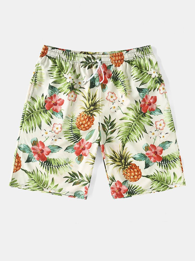 Short À Cordon De Serrage Pour Homme Avec Imprimé Floral Et Ananas Sur L'ensemble