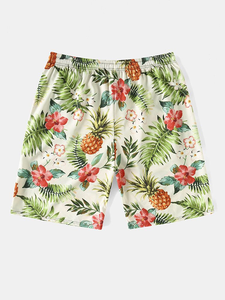 Short À Cordon De Serrage Pour Homme Avec Imprimé Floral Et Ananas Sur L'ensemble