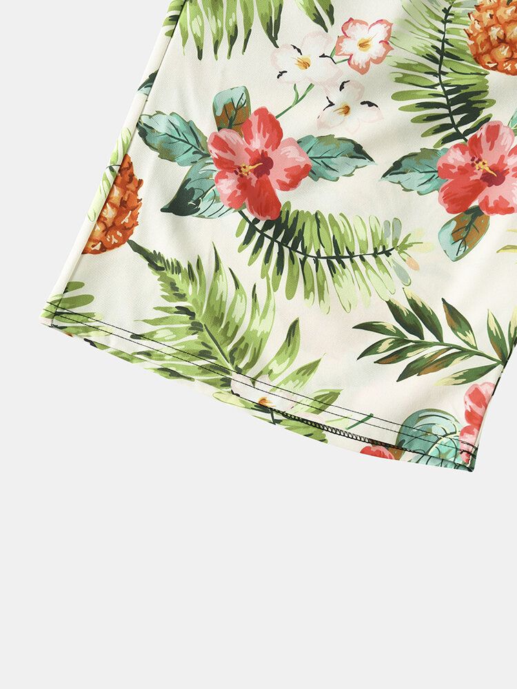 Short À Cordon De Serrage Pour Homme Avec Imprimé Floral Et Ananas Sur L'ensemble