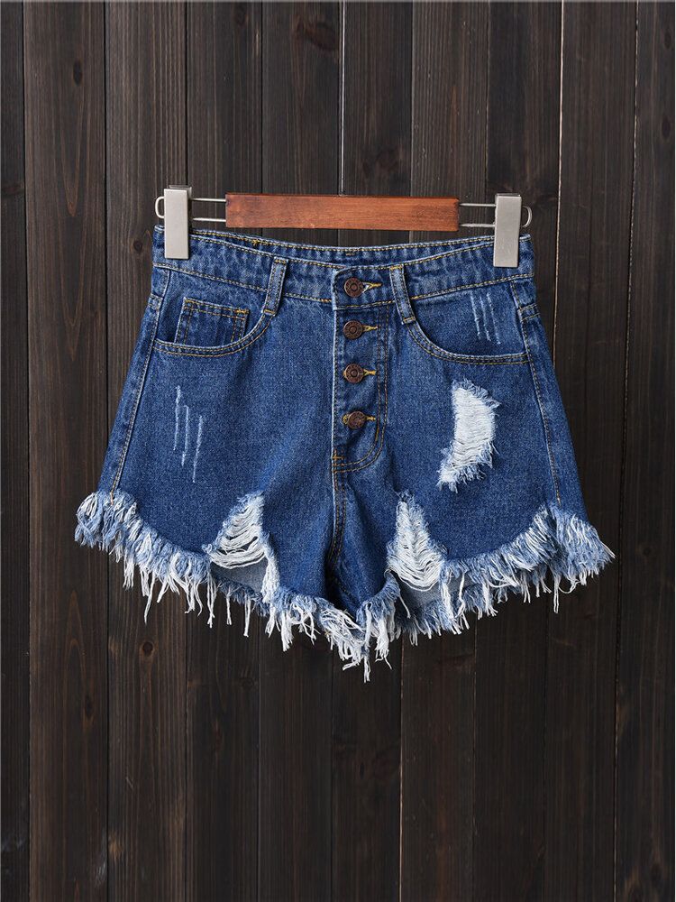 Short En Jean Déchiré Avec Poche Boutonnée Pour Femmes