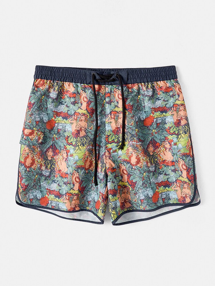 Short De Plage Taille Élastique Imprimé Sculpture Pour Homme