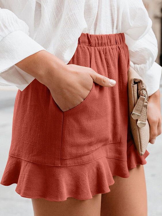 Short De Poche Taille Haute Élastique Pour Femmes De Couleur Unie