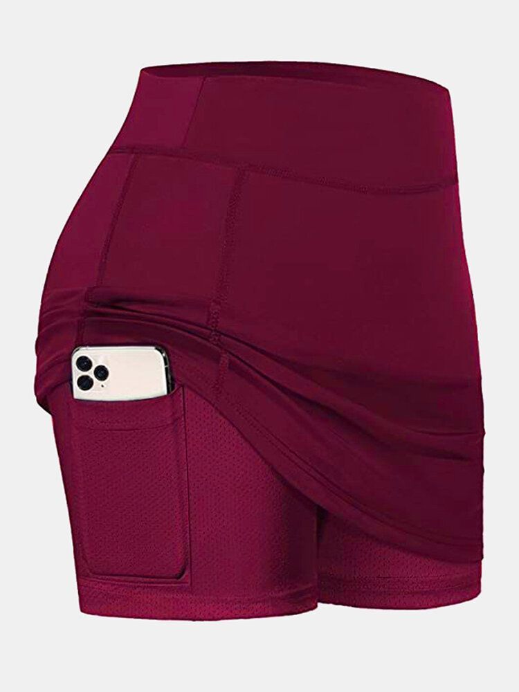 Short De Sport De Couleur Unie Pour Femme Avec Doublure De Compression Et Jupe De Tennis Respirante Avec Poche