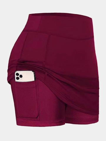 Short De Sport De Couleur Unie Pour Femme Avec Doublure De Compression Et Jupe De Tennis Respirante Avec Poche