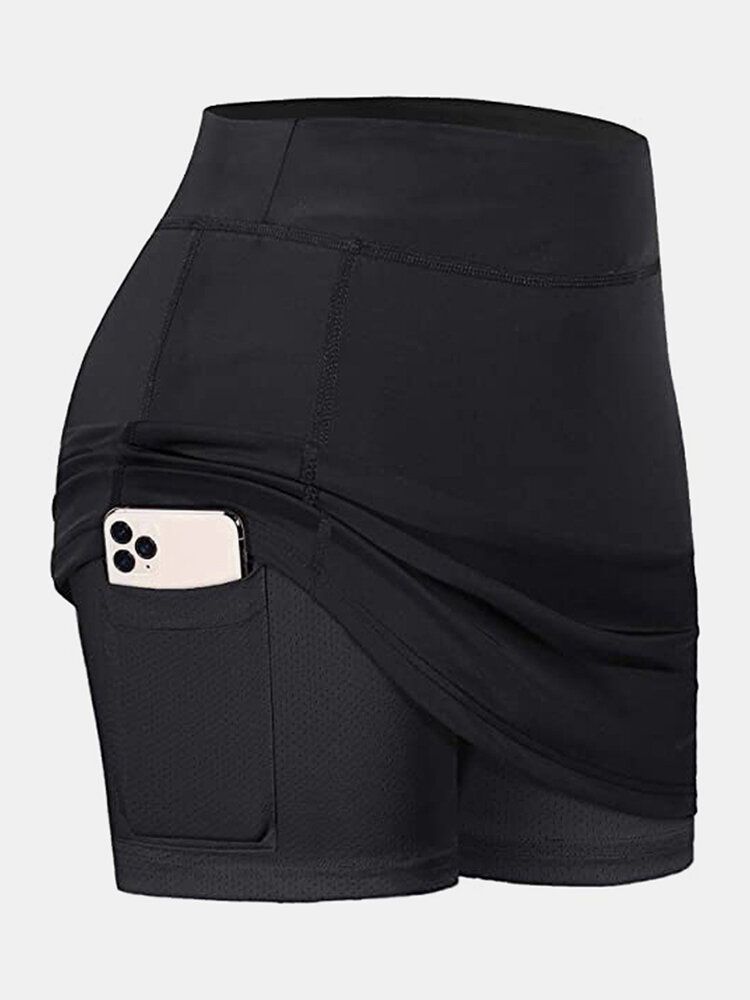 Short De Sport De Couleur Unie Pour Femme Avec Doublure De Compression Et Jupe De Tennis Respirante Avec Poche