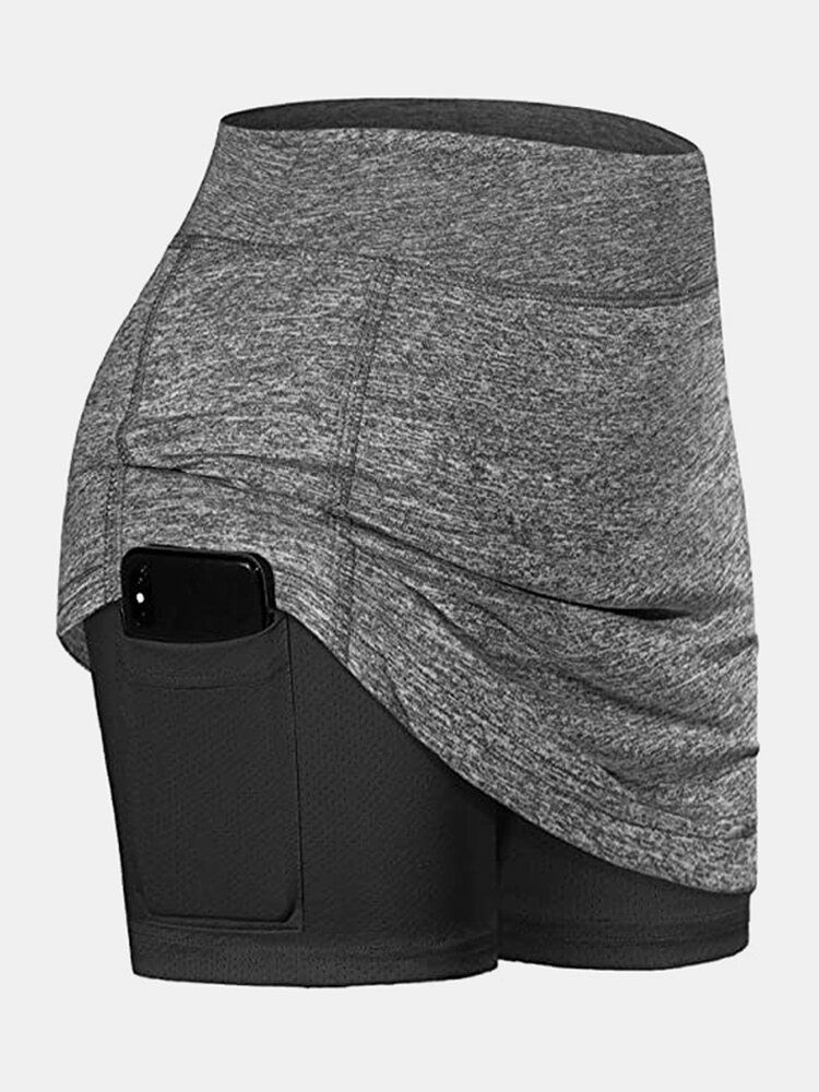 Short De Sport De Couleur Unie Pour Femme Avec Doublure De Compression Et Jupe De Tennis Respirante Avec Poche