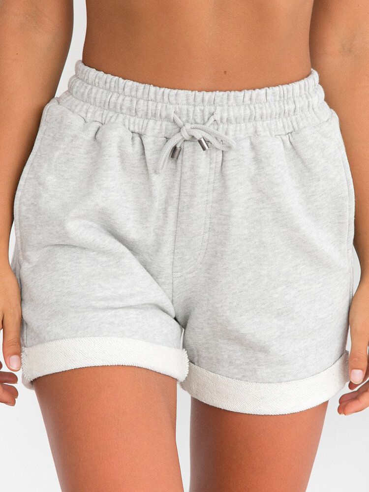 Short Taille Haute Décontracté Pour Femme Avec Poche À Cordon De Couleur Unie