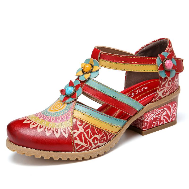 Socofy Bohemia Ethnic Style Stitching Embossed Beading Floral Chunky Heel Pumps