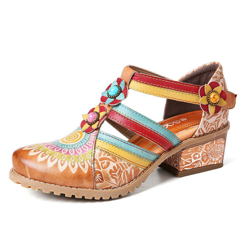 Socofy Bohemia Ethnic Style Stitching Embossed Beading Floral Chunky Heel Pumps