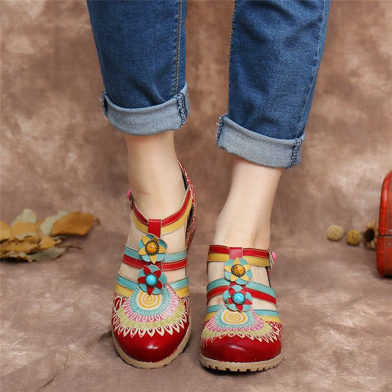 Socofy Bohemia Ethnic Style Stitching Embossed Beading Floral Chunky Heel Pumps