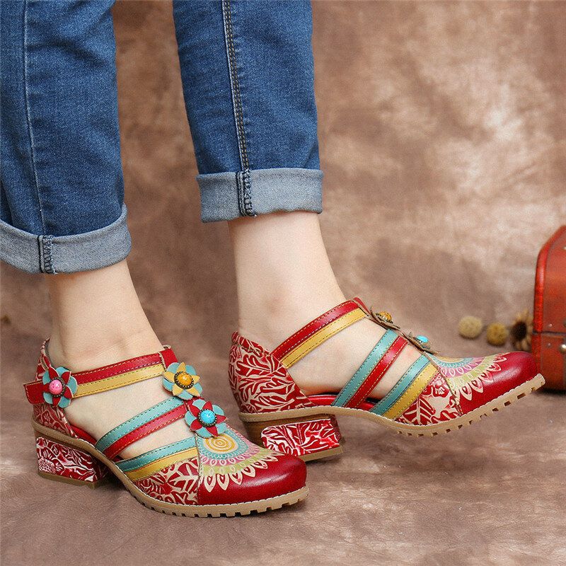 Socofy Bohemia Ethnic Style Stitching Embossed Beading Floral Chunky Heel Pumps