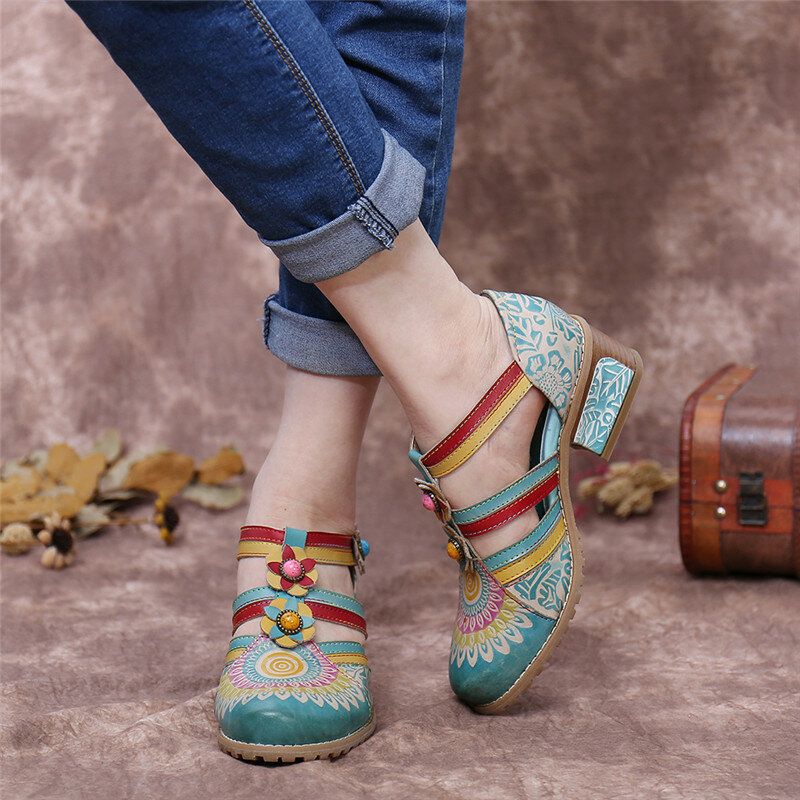 Socofy Bohemia Ethnic Style Stitching Embossed Beading Floral Chunky Heel Pumps