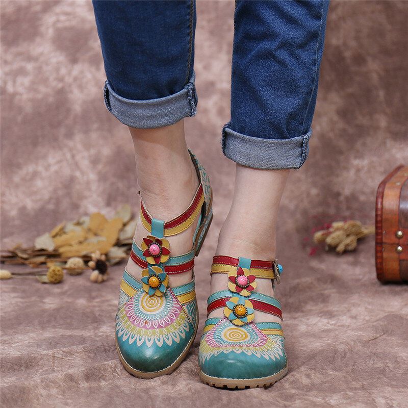 Socofy Bohemia Ethnic Style Stitching Embossed Beading Floral Chunky Heel Pumps