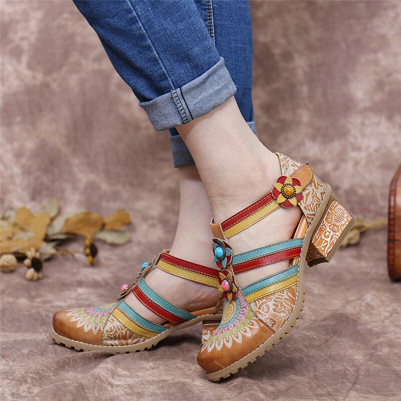 Socofy Bohemia Ethnic Style Stitching Embossed Beading Floral Chunky Heel Pumps