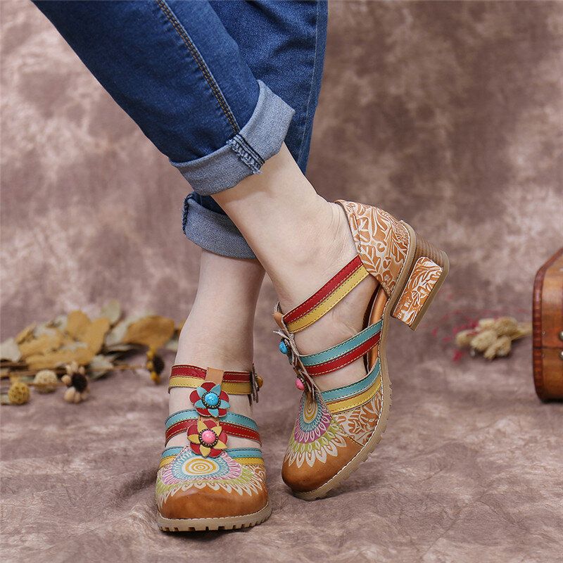 Socofy Bohemia Ethnic Style Stitching Embossed Beading Floral Chunky Heel Pumps