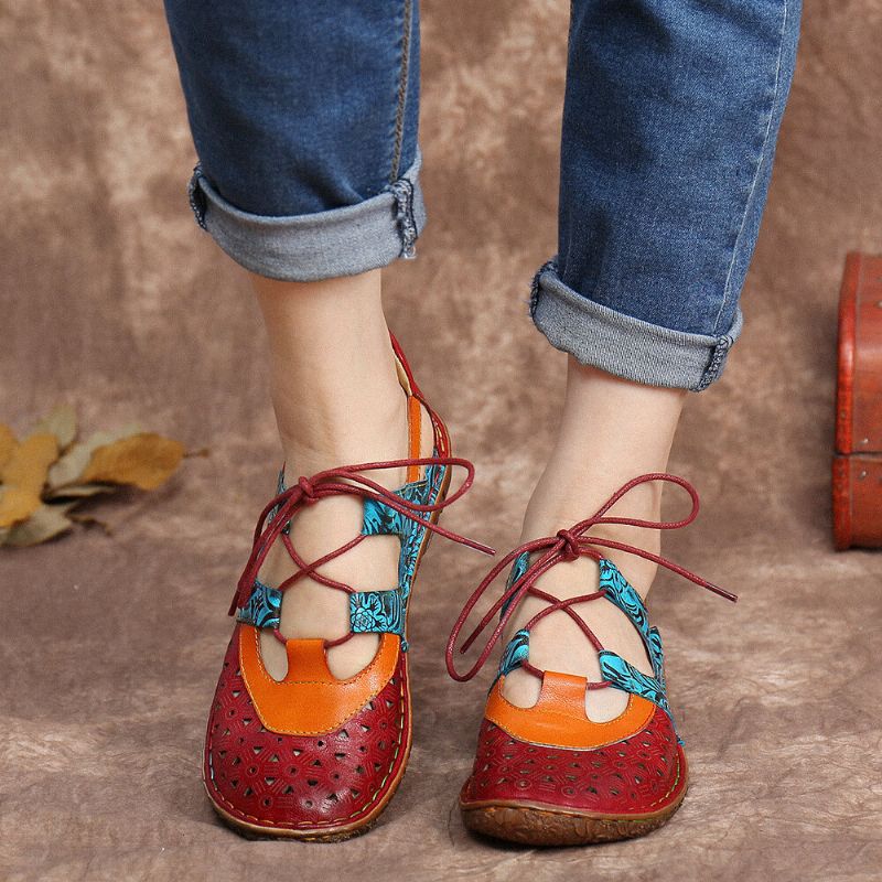 Socofy Bohemian Colorblock Chaussures Plates À Lacets En Cuir Souple