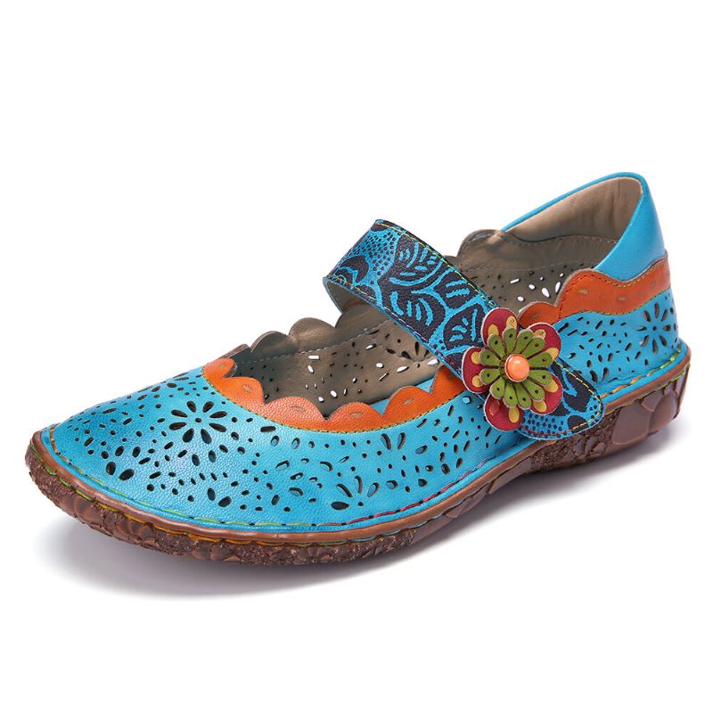 Socofy Bohemian Leather Floral Cutouts Splicing Soft Sole Flower Hook Loop Flat Shoes