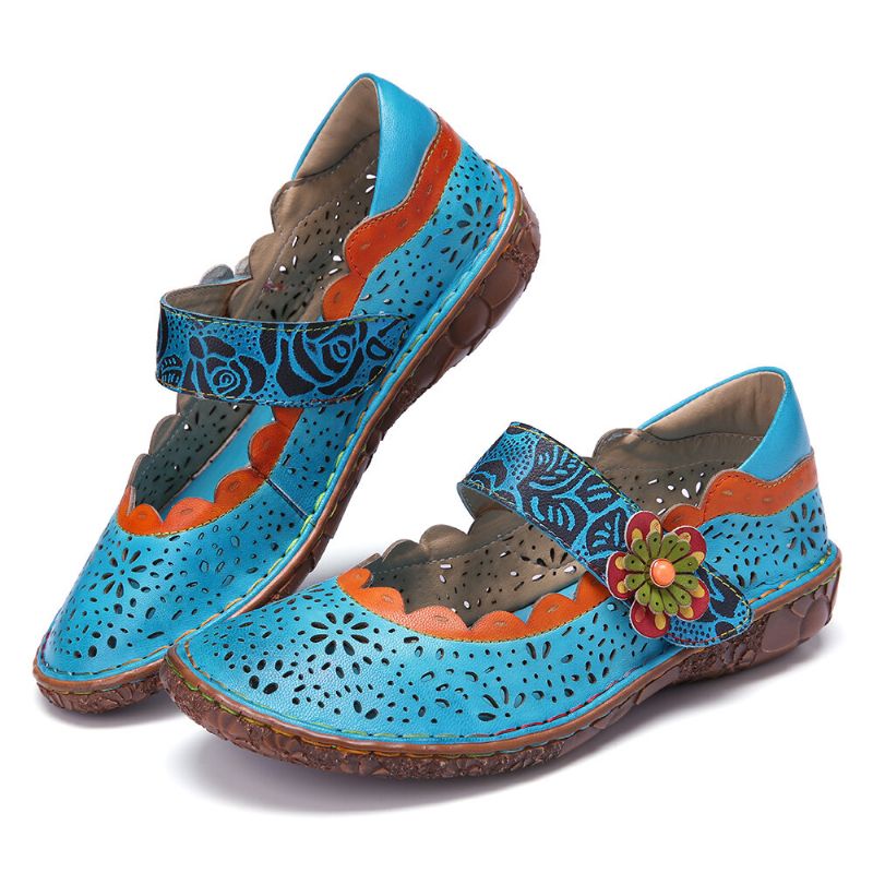 Socofy Bohemian Leather Floral Cutouts Splicing Soft Sole Flower Hook Loop Flat Shoes