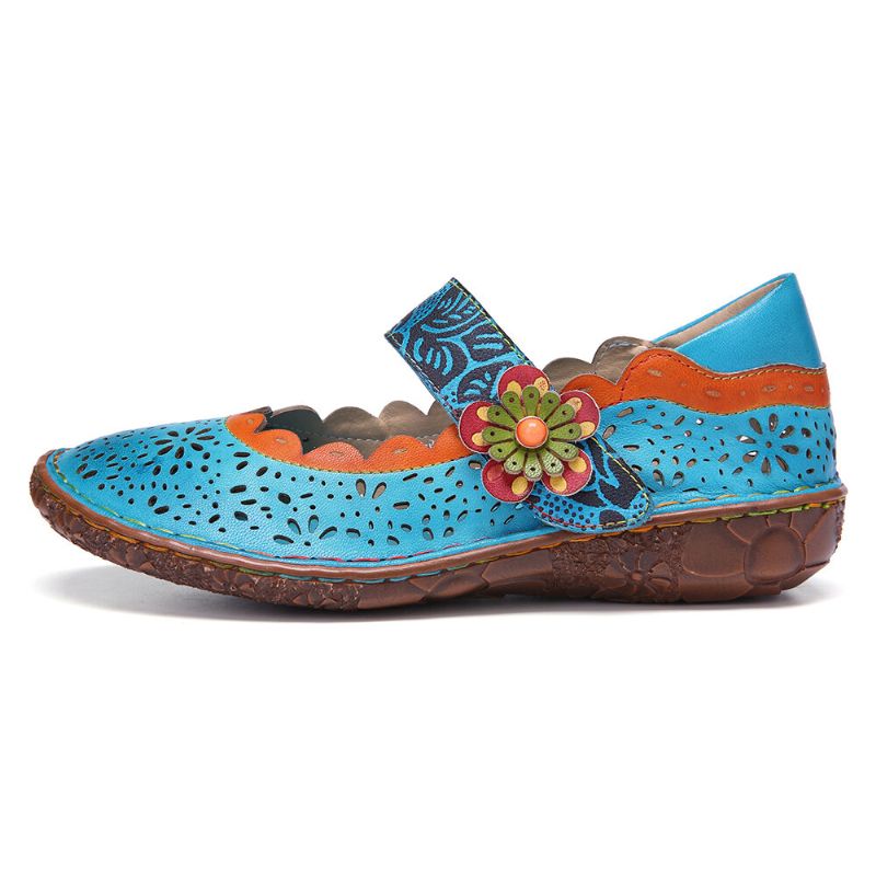 Socofy Bohemian Leather Floral Cutouts Splicing Soft Sole Flower Hook Loop Flat Shoes