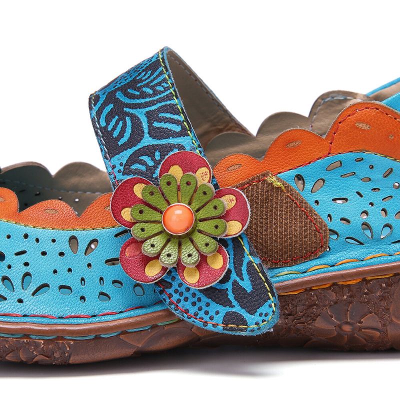 Socofy Bohemian Leather Floral Cutouts Splicing Soft Sole Flower Hook Loop Flat Shoes