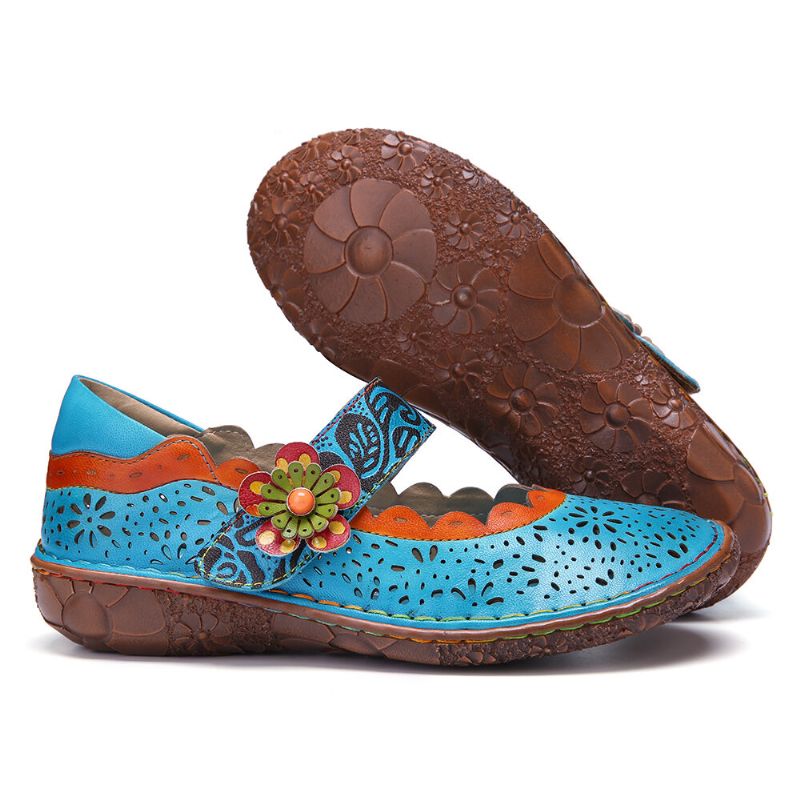 Socofy Bohemian Leather Floral Cutouts Splicing Soft Sole Flower Hook Loop Flat Shoes