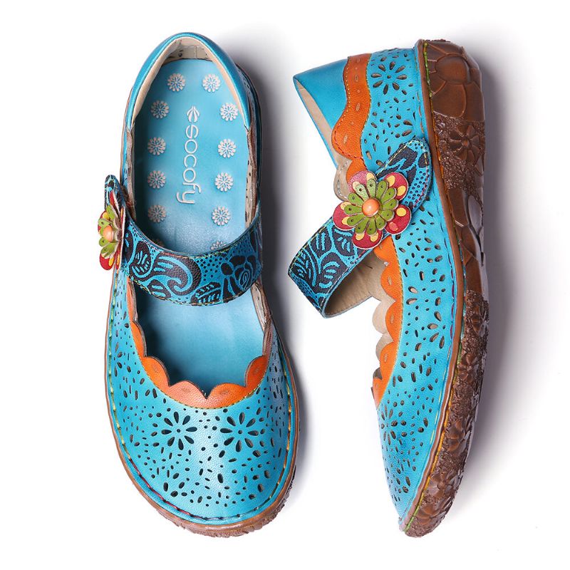 Socofy Bohemian Leather Floral Cutouts Splicing Soft Sole Flower Hook Loop Flat Shoes